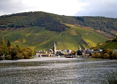 Die Weinkulturlandschaft Mosel. Zu sehen ist die Weinstadt Bernkastel-Kues; im Hintergrund Weinberge.