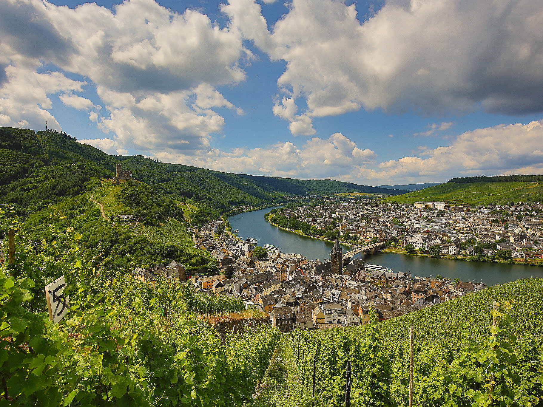 Bernkastel-Kues an der Mosel Im Bild die grünen Weinberge oberhalb des Stadtteils Bernkastel. Der Ort und die Moselbrücke im Hintergrund.